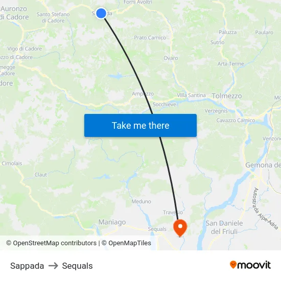 Sappada to Sequals map