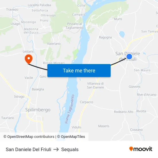 San Daniele Del Friuli to Sequals map