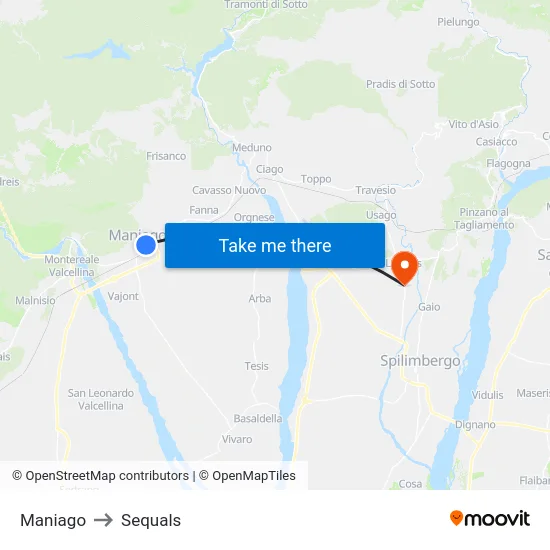 Maniago to Sequals map