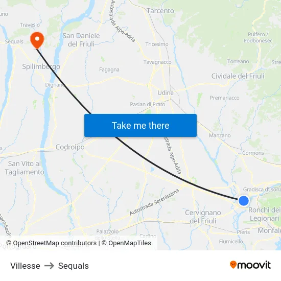 Villesse to Sequals map