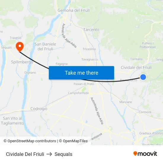 Cividale Del Friuli to Sequals map