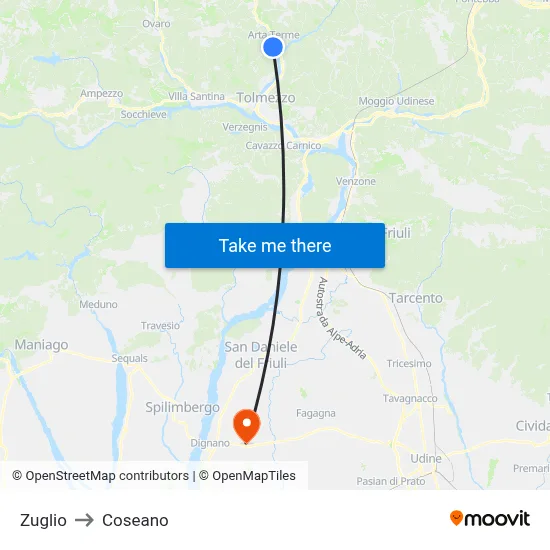 Zuglio to Coseano map