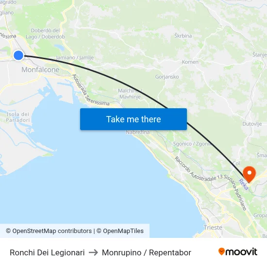 Ronchi Dei Legionari to Monrupino / Repentabor map