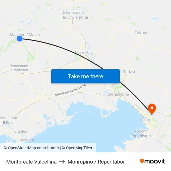 Montereale Valcellina to Monrupino / Repentabor map