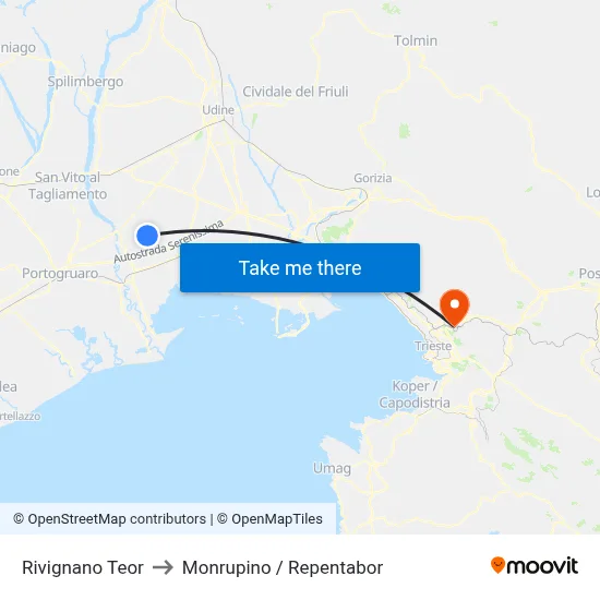 Rivignano Teor to Monrupino / Repentabor map