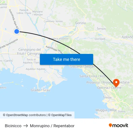 Bicinicco to Monrupino / Repentabor map