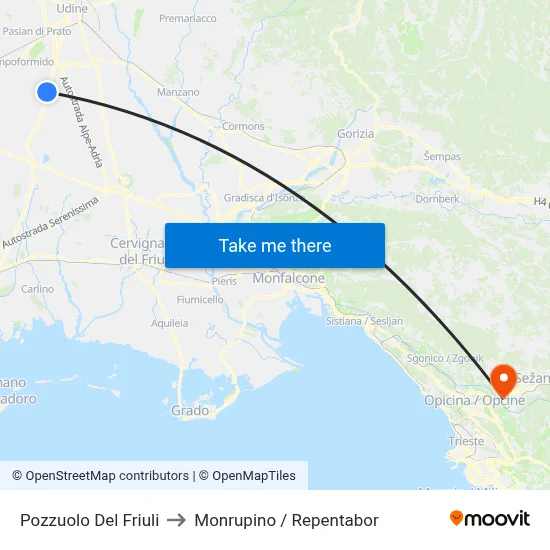 Pozzuolo Del Friuli to Monrupino / Repentabor map