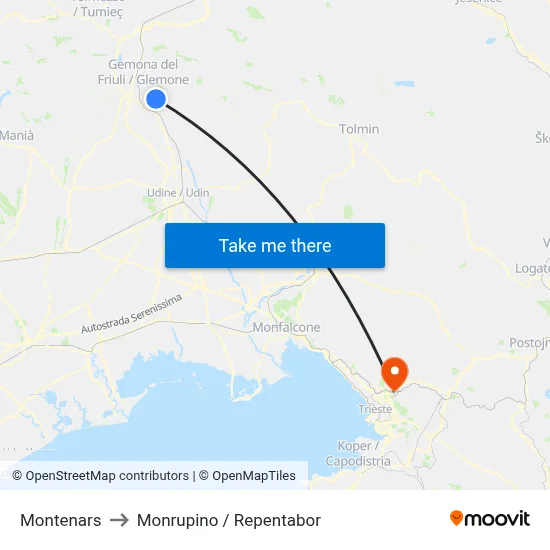Montenars to Monrupino / Repentabor map