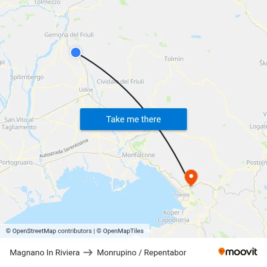 Magnano In Riviera to Monrupino / Repentabor map