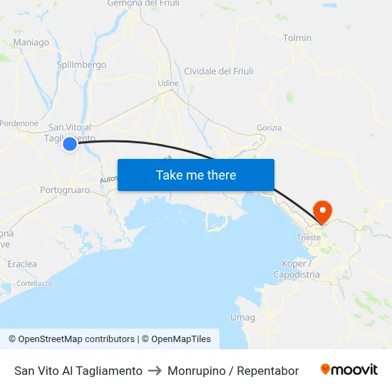 San Vito al Tagliamento to Monrupino / Repentabor map