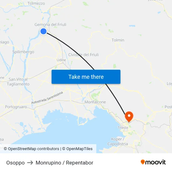 Osoppo to Monrupino / Repentabor map