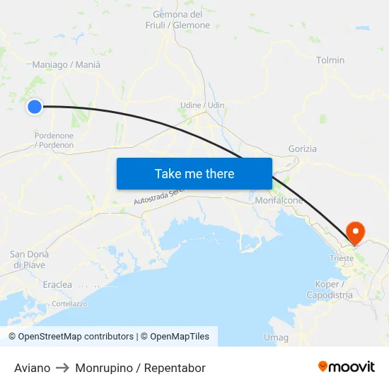 Aviano to Monrupino / Repentabor map