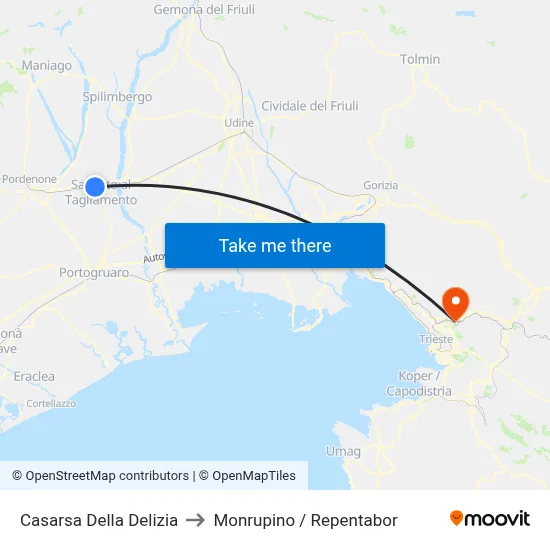 Casarsa Della Delizia to Monrupino / Repentabor map