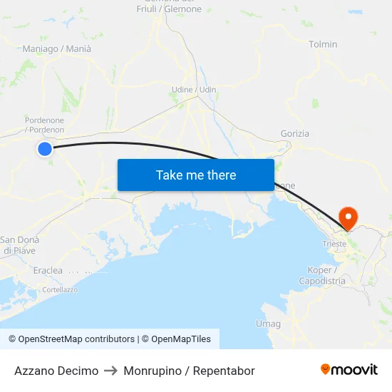 Azzano Decimo to Monrupino / Repentabor map