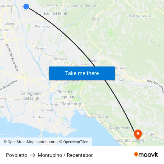 Povoletto to Monrupino / Repentabor map