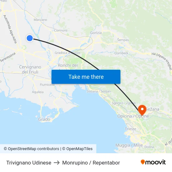 Trivignano Udinese to Monrupino / Repentabor map