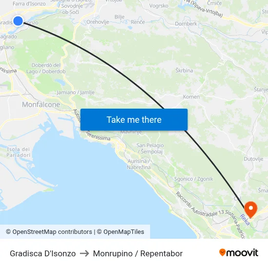 Gradisca d'Isonzo to Monrupino / Repentabor map