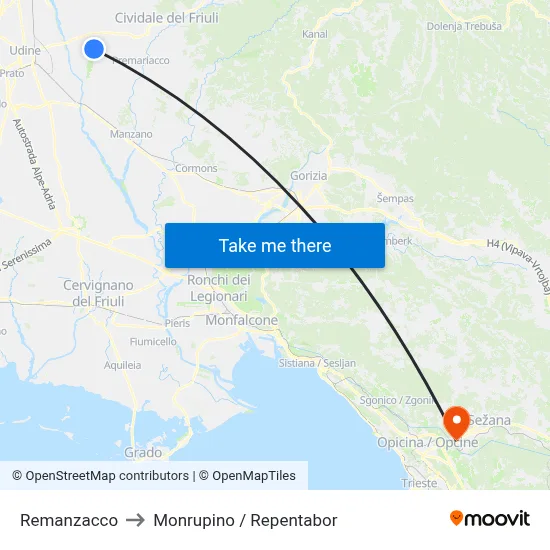 Remanzacco to Monrupino / Repentabor map