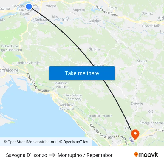 Savogna d'Isonzo to Monrupino / Repentabor map