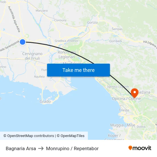Bagnaria Arsa to Monrupino / Repentabor map