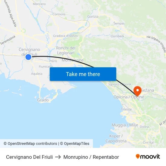 Cervignano del Friuli to Monrupino / Repentabor map