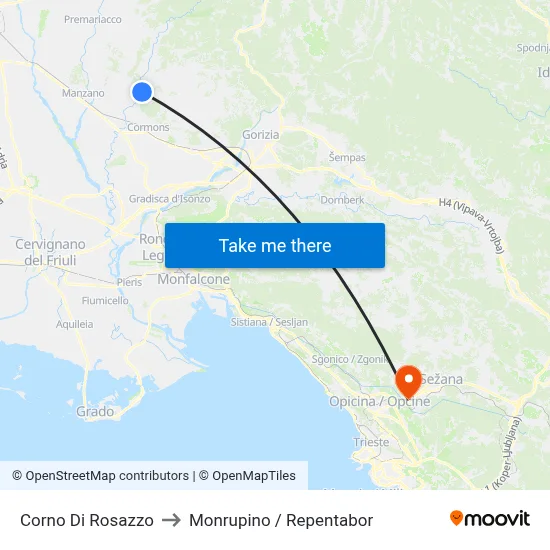 Corno Di Rosazzo to Monrupino / Repentabor map