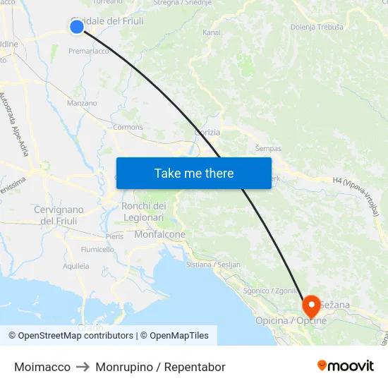 Moimacco to Monrupino / Repentabor map