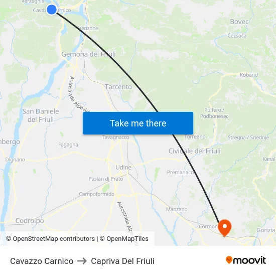 Cavazzo Carnico to Capriva Del Friuli map