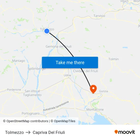 Tolmezzo to Capriva del Friuli map