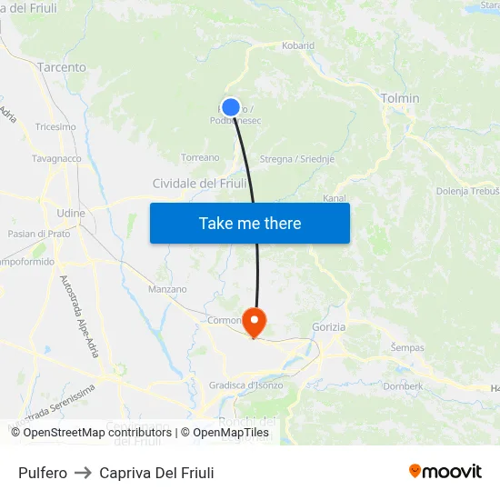 Pulfero to Capriva del Friuli map