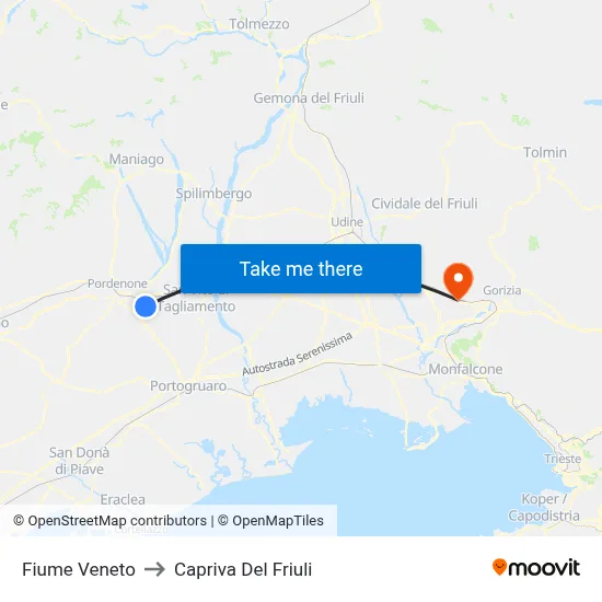 Fiume Veneto to Capriva del Friuli map