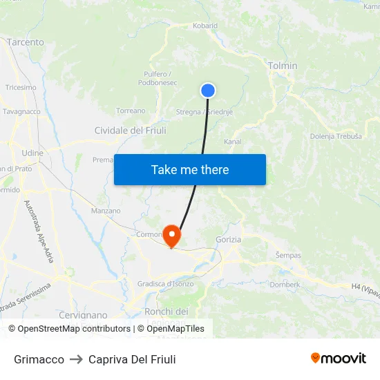 Grimacco to Capriva del Friuli map
