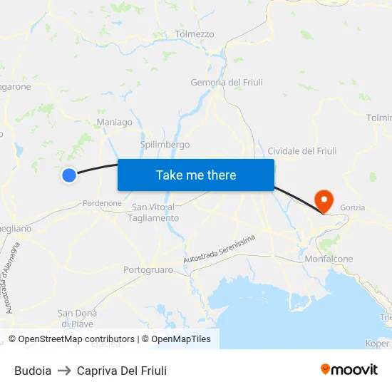 Budoia to Capriva del Friuli map