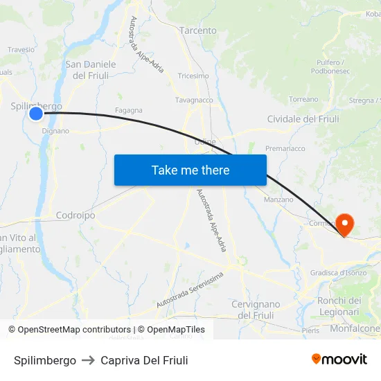 Spilimbergo to Capriva del Friuli map