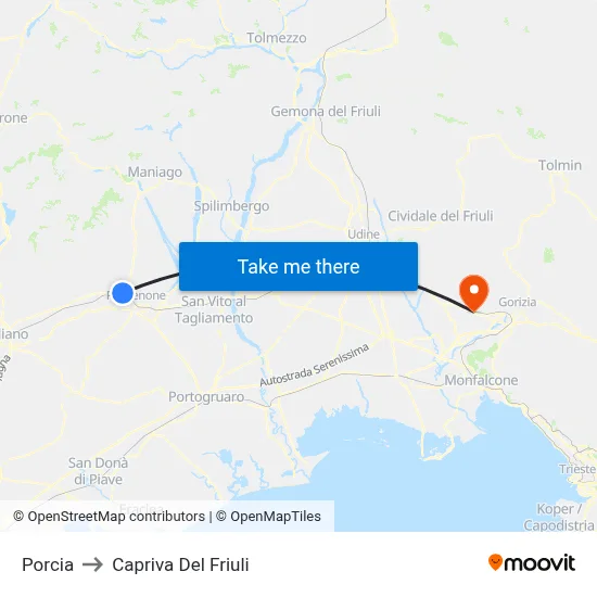 Porcia to Capriva del Friuli map