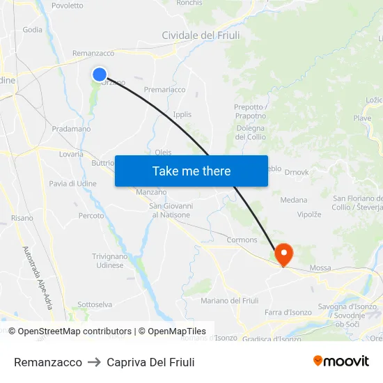 Remanzacco to Capriva del Friuli map