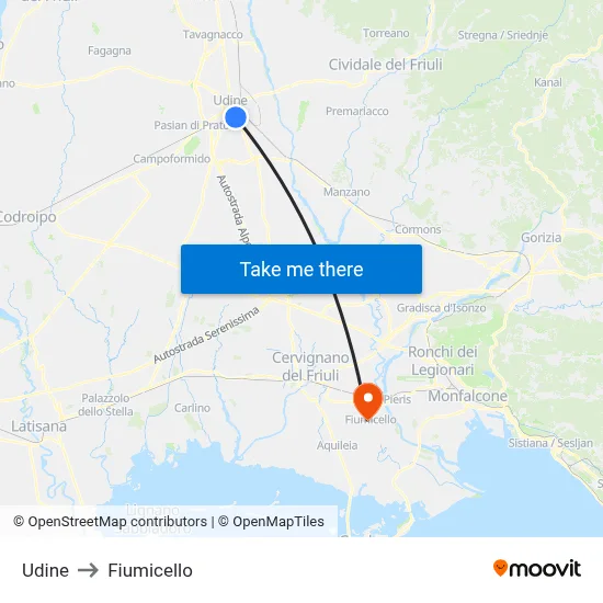 Udine to Fiumicello map