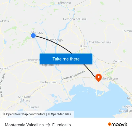 Montereale Valcellina to Fiumicello map