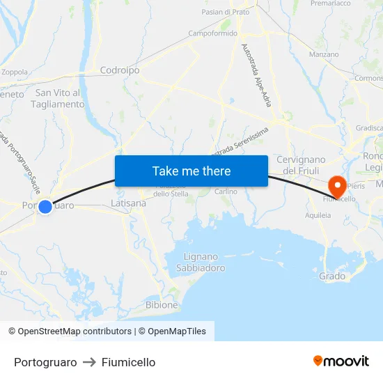 Portogruaro to Fiumicello map