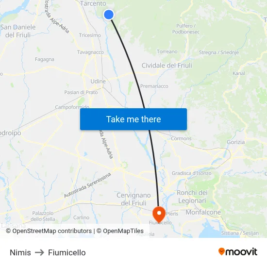 Nimis to Fiumicello map