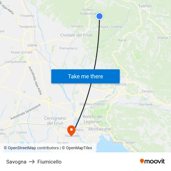 Savogna to Fiumicello map