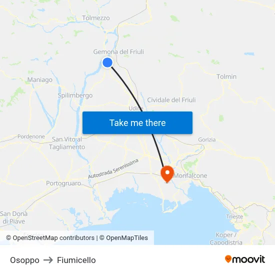 Osoppo to Fiumicello map