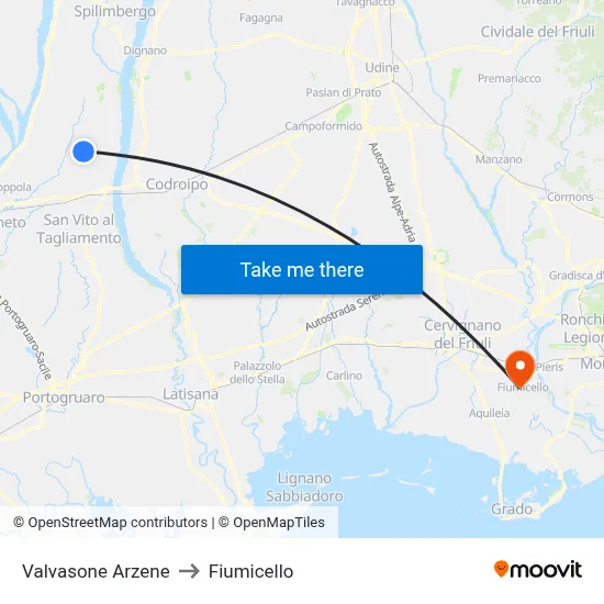 Valvasone Arzene to Fiumicello map