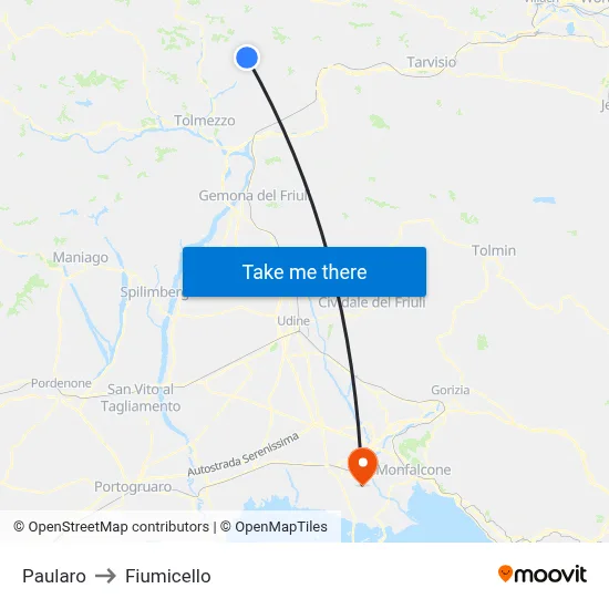 Paularo to Fiumicello map