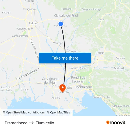 Premariacco to Fiumicello map