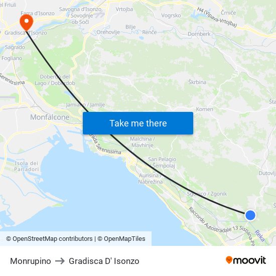 Monrupino to Gradisca D' Isonzo map
