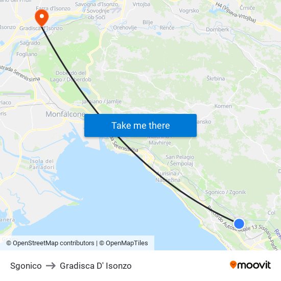 Sgonico to Gradisca D' Isonzo map