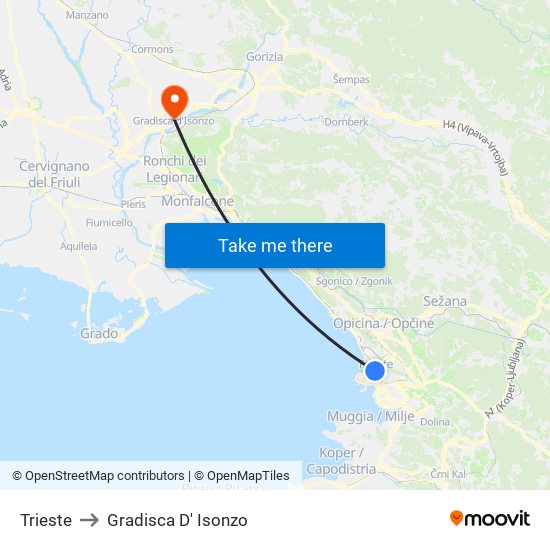 Trieste to Gradisca D' Isonzo map