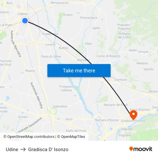 Udine to Gradisca D' Isonzo map