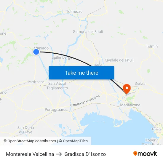Montereale Valcellina to Gradisca D' Isonzo map